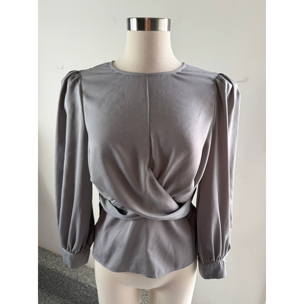 Express Womens Medium Gray Puff Sleeve Twist Front Draped Blouse Long Sleeve